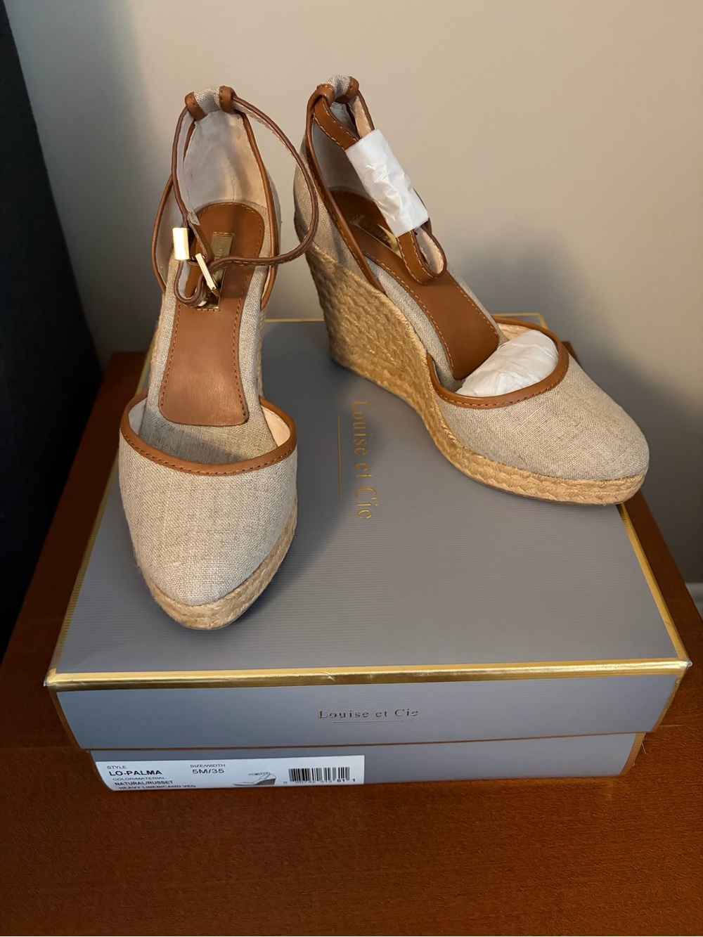 Louise et Cie Natural Beige Canvas Espadrille Wedge Sandals with Tan Trim